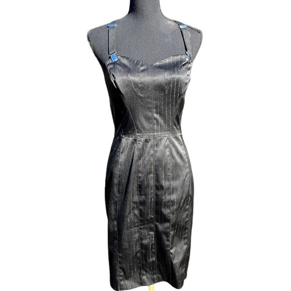 Y2K Betsey Johnson Black Pinstripe Satin Suspender Dress Whimsey Goth Grunge 4 - Picture 3 of 9